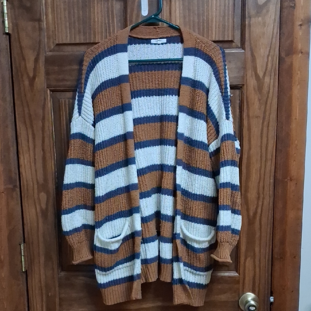 Maurices Striped Open Cardigan in Brown, Navy & Cream